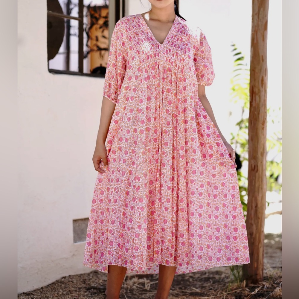 Dolma skye block printed cotton Floral Pink Midi Dress new